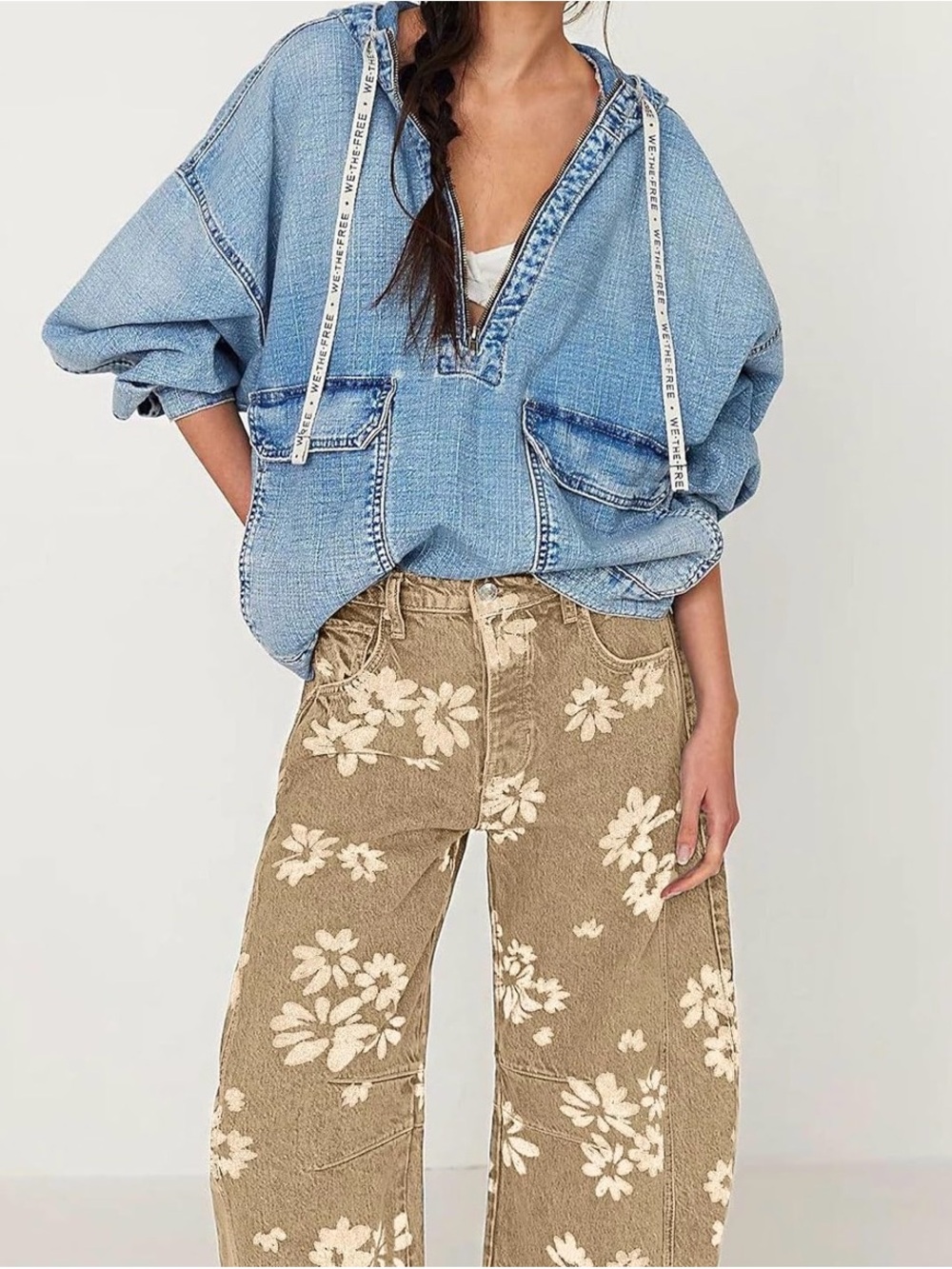 Women Barrel Jeans Baggy Wide Leg Jeans Floral Printed Boyfriend Denim Pants - Picture 6 of 6